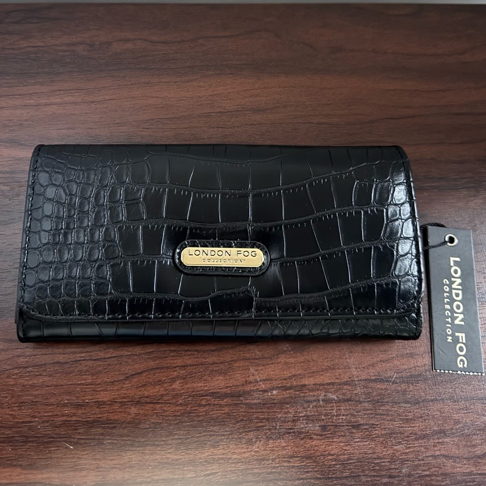 London Fog Black Croco Flap Wallet NWT